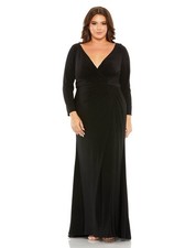 Mac Duggal Black Long Sleeve Faux Wrap V-Neck Jersey Sheath Gown 16W $398 68442