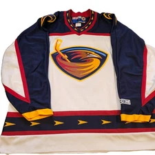 CCM Mens XL Atlanta Thrashers Hockey Jersey Vintage Embroidered Patches Read