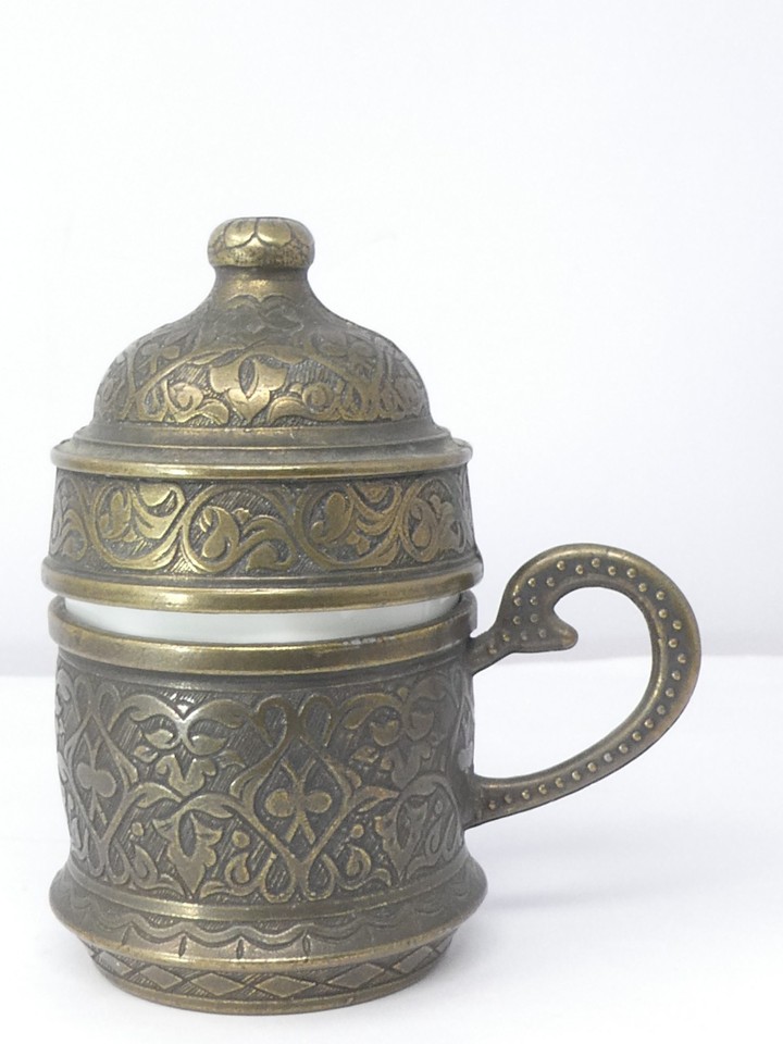Turkish Ottoman Style Brass Lidded Coffee Cup Ceramic Insert Crescent ...