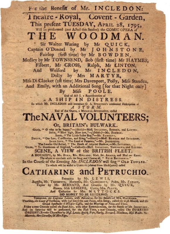 *KING GEORGE III ERA 1795 THEATRE BROADSIDE COVENT GARDEN WOODMAN TAMING SHREW*