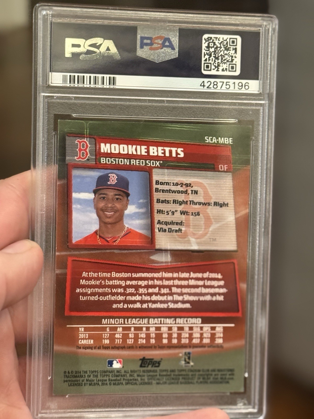 2014 STADIUM CLUB AUTOS #MBE MOOKIE BETTS PSA 9 MINT Rookie view 2