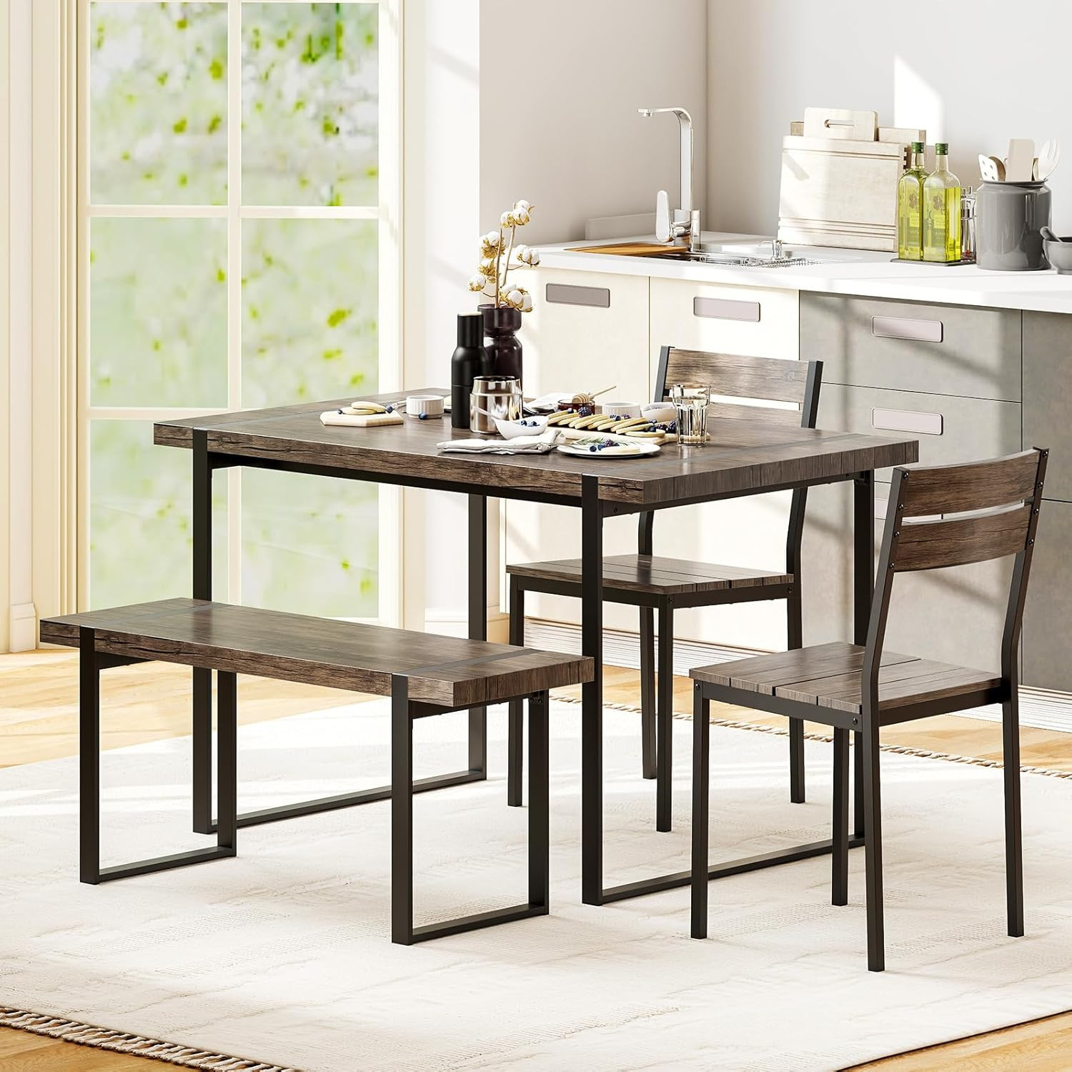 Dining Table Set Rectangular Bench 2 Chairs Industrial Kitchen Space Saving Home
