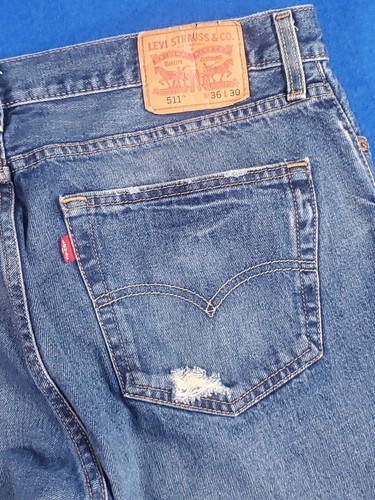 Levis 514 Slim Straight Jeans Mens 36x30 Blue Ripped Distressed Frayed - Afbeelding 18 van 20