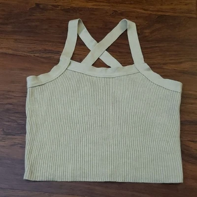 Reformation Women's Beige Ribbed Tank Top Size Large Cross-Back Chic Feminine