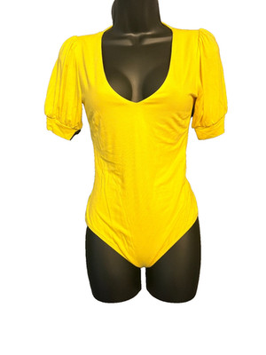 Women's Clothing: Blue Blush Bright Yellow Puff Sleeve 1-Piece V-NeckBody Suit