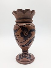 Vtg Hand Carved Wooden Vase Floral Turned Wood Folk Art Bud Vase Rustic