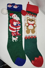Vintage Knit Christmas Stockings Lot 2 Pom Poms Santa Cat Bear