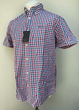 Ben Sherman Mens Coral Red Striped Check Short Sleeved Cotton Shirt L 42-44" New