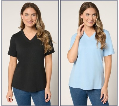 Denim & Co. Essentials True Cotton 2-Pack V-Neck Tops Black/Cloud Sky 1X New