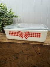 Vintage McKee Glass Co Milk Glass Gingham Red Bow Refrigerator Dish