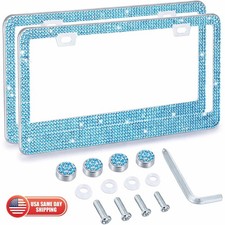 2x Bling License Plate Frames Glitter Sparkly Rhinestone Light Blue Women Gift
