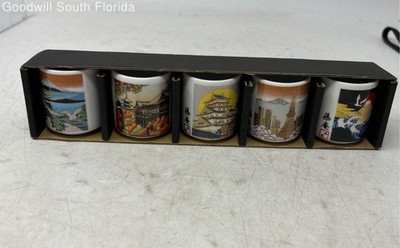 Vintage Japanese Small Cups Ceramic Mt Fuji Tokyo Tower Great In Case 5 Pcs