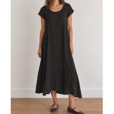Bryn Walker 100% Linen Black Midi Dress Made in USA Lagenlook Minimalist Size XS