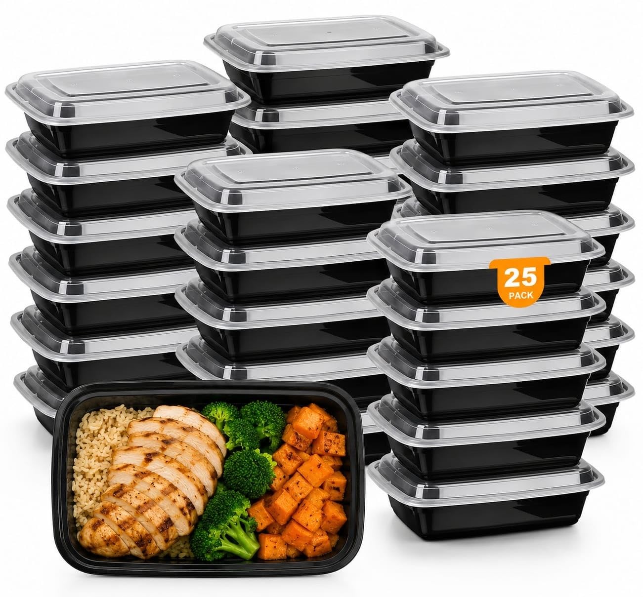 ZubyShax 25 Pack 28oz Meal Prep Containers with Lids, BPA Free Reusable Black