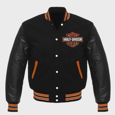 H.Davidson Men's Varsity Bomber Wool Body Premium Cowhide Sleeves Leather Jacket