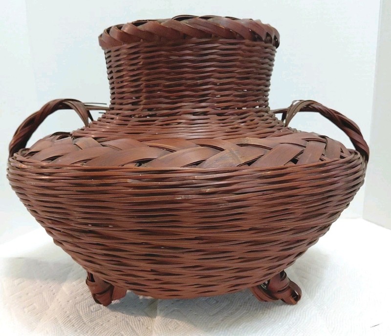 Vintage LARGE Japanese Bamboo Ikebana Basket Flower Arrangment Vase W/Handles