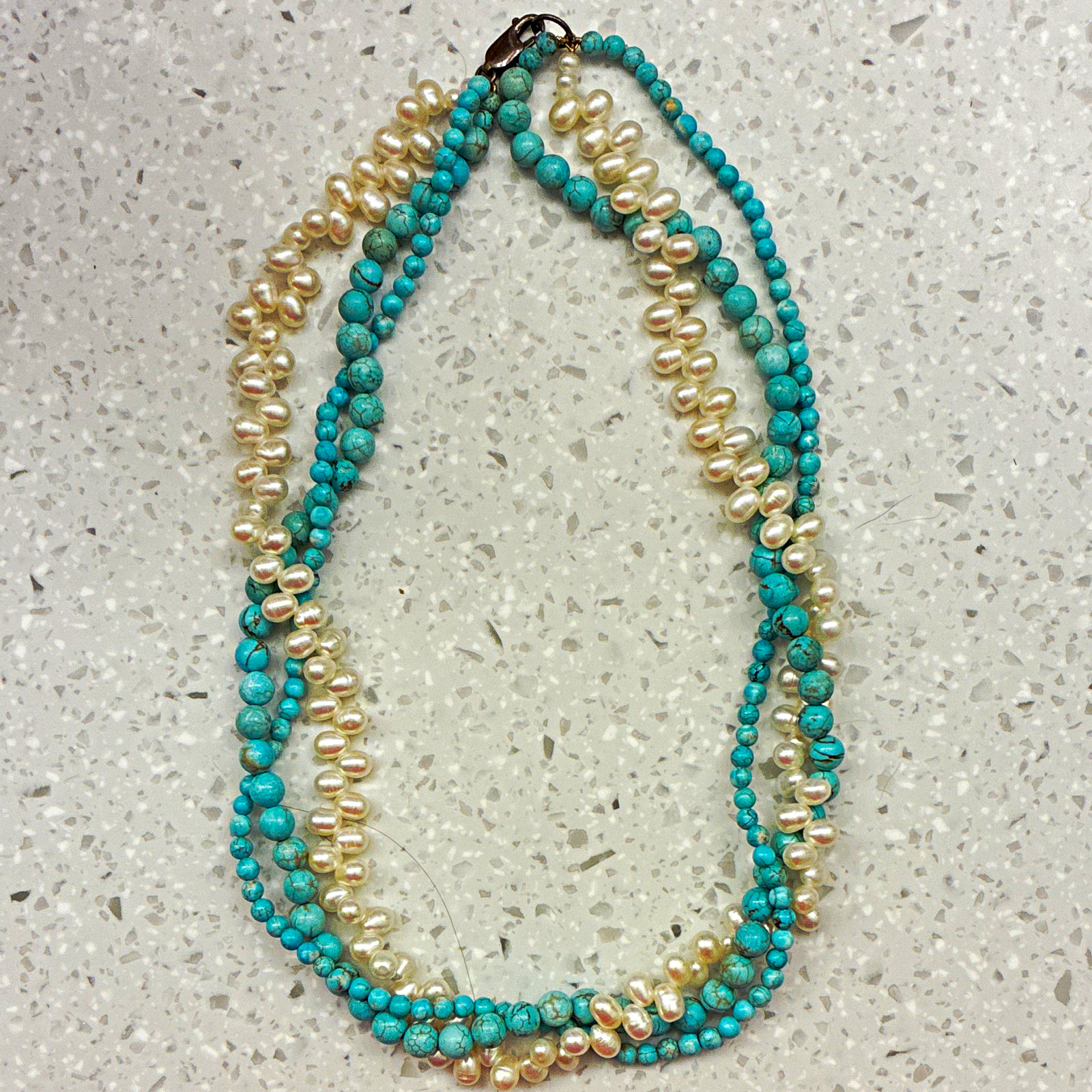Layered Turquoise & White Pearl Beaded Necklace Round Beads Lobster Clasp