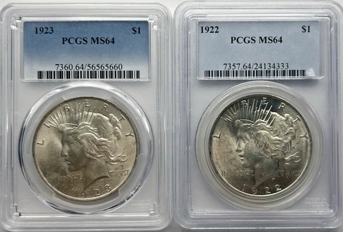 1922 & 1923 Silver Peace Dollar 2-Coin Lot MS 64 PCGS Certified