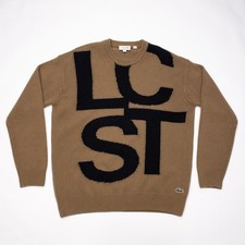 Lacoste Wool Alpaca Sweater Men's Large Crew Neck Lettering Graphic Preppy Brown