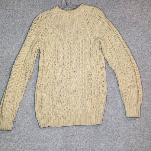 Vintage Hand Knit Wool Cable Knit Fisherman Sweater Chunky Size L Ivory Pullover - Picture 11 of 11