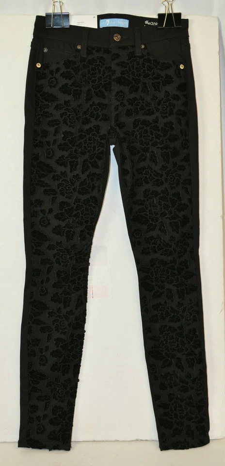 NUEVO CON ETIQUETAS 7 para toda la humanidad Talla 24 Niñas Tobillo Ajustado Denim Negro Malla Floral Terciopelo Foto 2 de 4