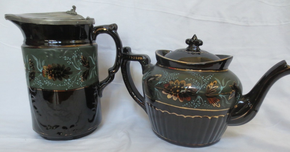 Vintage England? Black,Green,Gold Hand Painted Teapot & Pitcher 