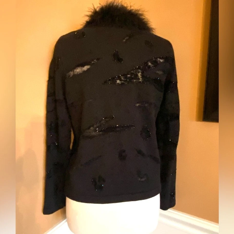 Berek Vintange Sequin Lace Mesh Inset Fur Collar Sweater M - Image 4 of 4