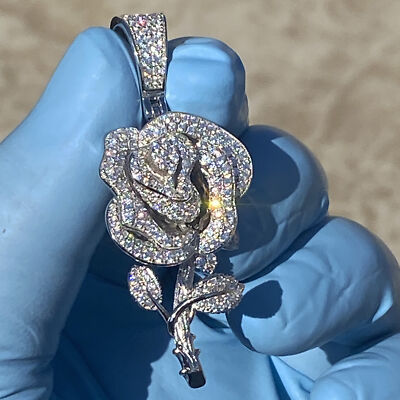 Real 925 Sterling Silver Rose Flower Iced Pendant CZ Hip Hop