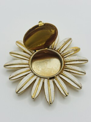 Vintage Avon Daisy Flower Brooch 1971 Large Gold Tone Enamel w/ Perfume Locket