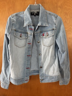 Rocawear Woman s Light Wash Jean Jacked with Red Detail & Logo On Back  SZ S