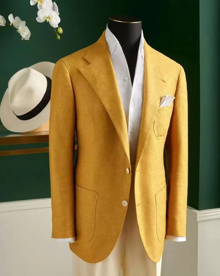Linen 2 Pieces Men's Suits Yellow Summer Wedding Party Blazer Business Jacket - Image 4 of 4