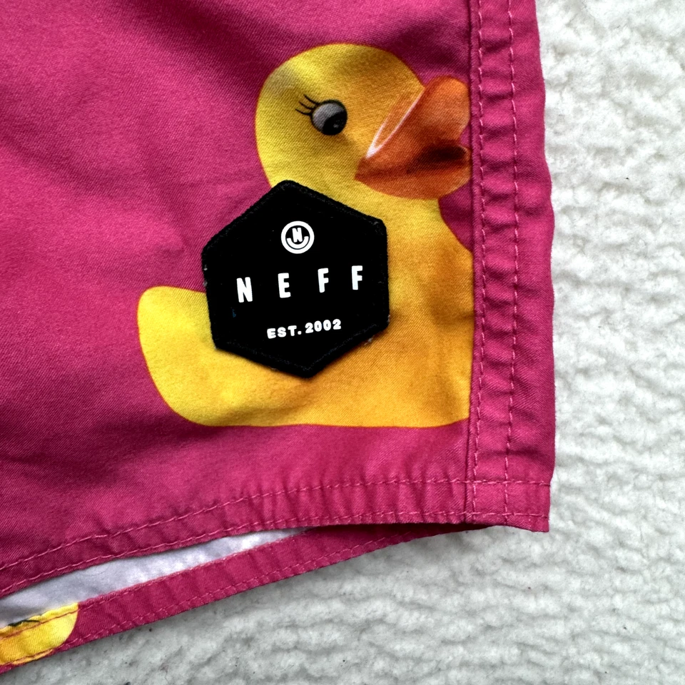Neff Board Shorts Swim Trunks Medium Mens Pink Rubber Ducky Drawstring Pockets - Imagem 3 de 4