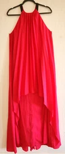 Halston Heritage pleated dress Hi Low trapeze neon pink chiffon gown halter neck