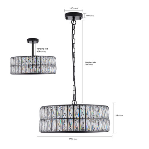 18" Modern K9 Crystal Chandelier Black Round Drum Pendant Light Ceiling Fixture - Picture 3 of 10