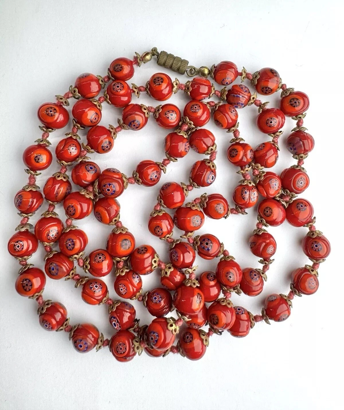Italian Murano Red & Blue Millefiori Glass Bead Vintage Necklace Jewelry N78 36”