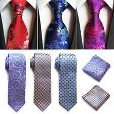 Blue Red Striped Mens Floral Tie and Handkerchief Set Necktie Formal Wedding  