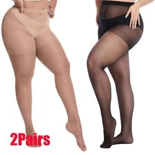 2Pairs Womens High-waisted Sheer Pantyhose Glossy Stockings Plus Size Black/skin