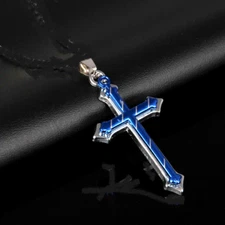 CROSS CRUCIFIX blue pendant 26" Sterling silver 925 necklace Christian men FAITH