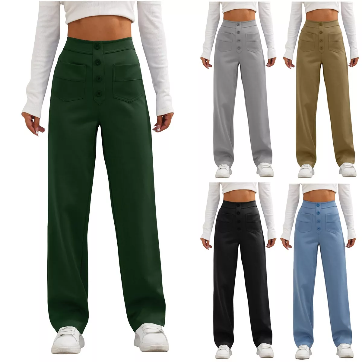 Women's Straight Leg Pants High Waisted Button Stretchy Business Work  Trousers