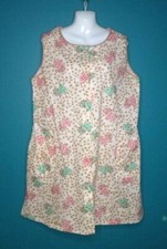 Vtg 60s Snap Front House Dress Duster Green Pink Roses on Off White Sz L