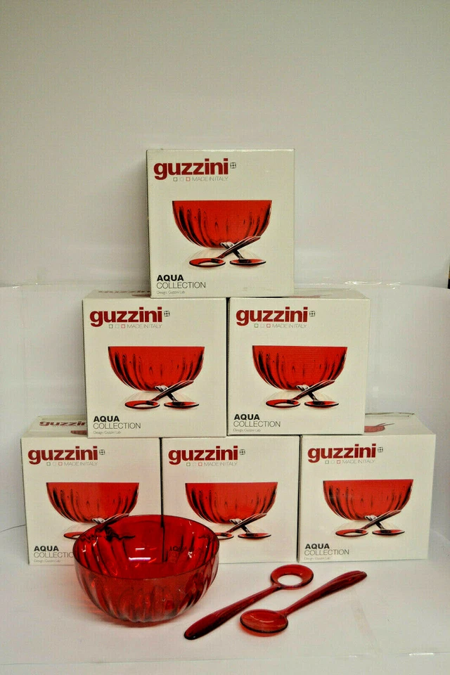 GUZZINI aqua 6x saladier rouge 24cm en plastique avec couverts NEUF - Photo 1/1