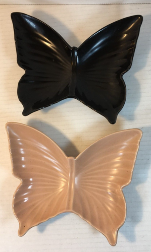 2 Vintage Butterfly Candy Trinket Dishes Pink and Black Ceramic 7" x 6" - Picture 4 of 10