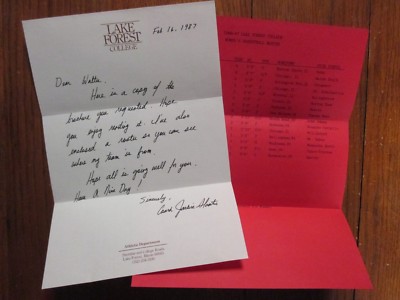 JACKIE SLAATS Signed Personal Letter -1987 Lake Forest Women's