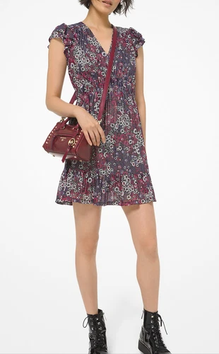 Abito MICHAEL KORS in nylon stampato metallizzato con volant taglia M floreale scintillante B1