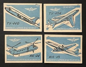 Travelstamps: Russia Matchbox Labels - Soviet Aircraft - Lot of 4