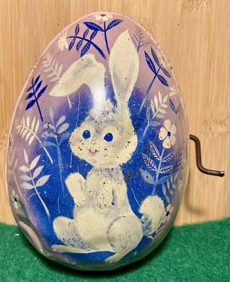 VINTAGE MATTEL TIN LITHO BUNNY RABBIT WIND UP EASTER EGG MUSIC BOX 1950s Used