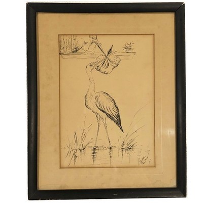 Antique 1915 Original Pen Ink Drawing Sketch Illustration Stork Delivering Baby