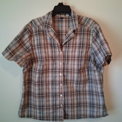  BROWN GINGHAM PLAID COTTON BLEND Top Women's Plus 1X Westernwear