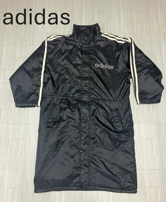 adidas Long Bench Coat Men's 105 L XL Black White 3-Stripes Padded Winter Jacket - Image 1 of 4