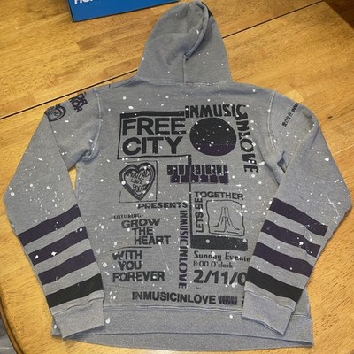 FREECITY In Music In Love Hoodie Size 2 Gray Distressed Splatter Pullover VGUC